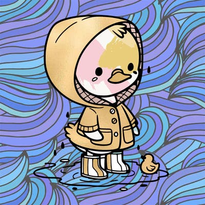 baby duck in a rain coat and boots, in a puddle while it’s raining