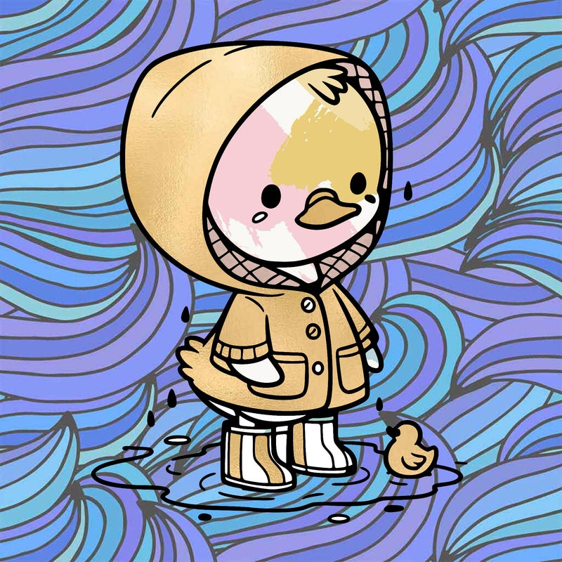 baby duck in a rain coat and boots, in a puddle while it’s raining