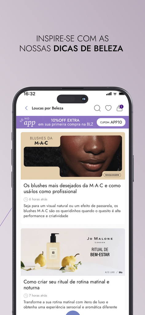 Interfaz de la aplicación Beleza na Web que muestra consejos profesionales de maquillaje y cuidado de la piel