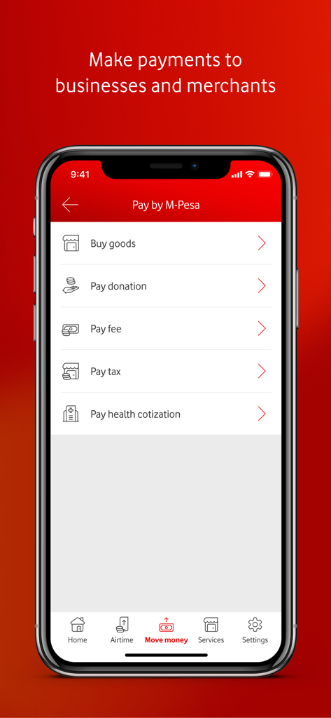 M-Pesa DRC - A mobile screen from the M-Pesa DRC app showing various payment options for businesses and merchants like goods, taxes, and fees.