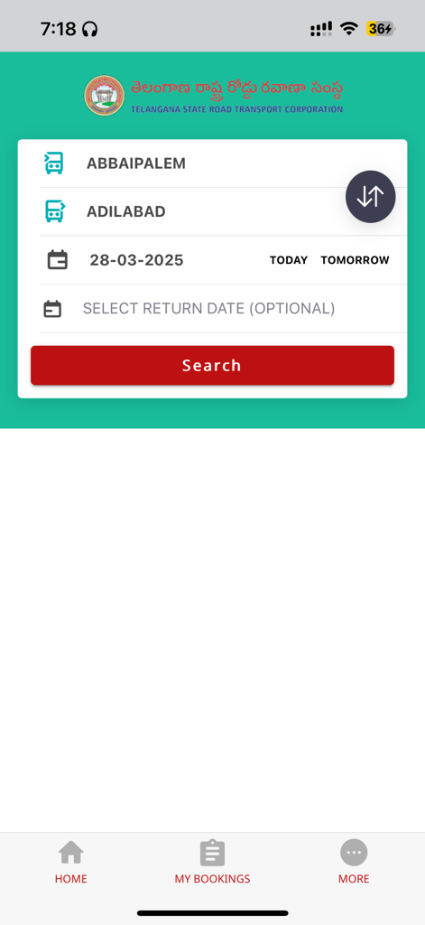 Interface de busca de rotas de ônibus no aplicativo oficial de reservas da TGSRTC