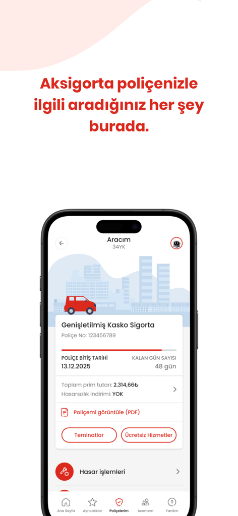 Aksigorta mobile app interface showing car insurance policy information and claim services