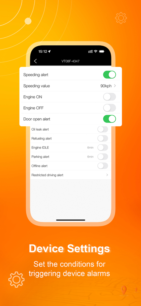 Protrack GPS app screen showing device settings and notification alerts for vehicle monitoring