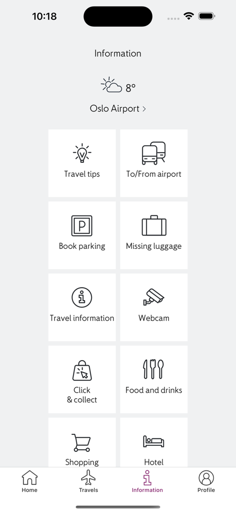 Avinor-App-Informationsmenü für den Flughafen Oslo mit Symbolen für Parken, Transport, Gepäck und Restaurants