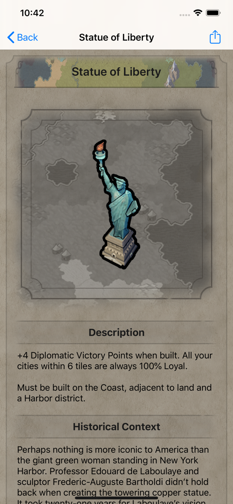 Statue of Liberty game description and historical context in the Civilopedia app