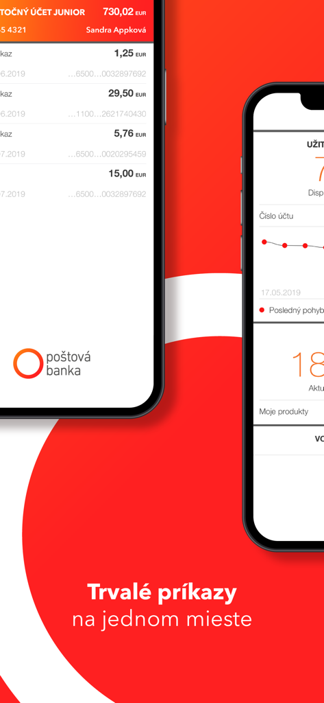 Interface of the Postova banka mobile app displaying standing orders and account history