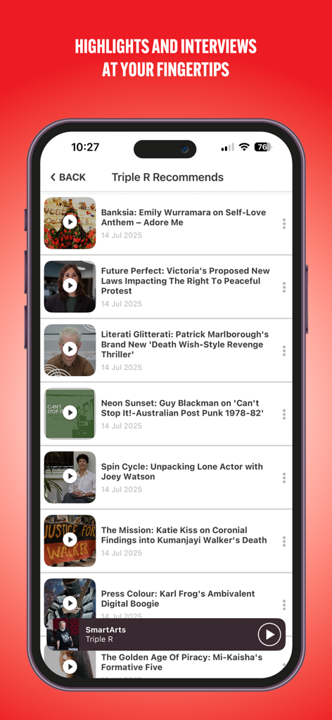 Triple R 102.7FM - Triple R 102.7FM app interface displaying the Triple R Recommends section with a list of curated highlights and interviews