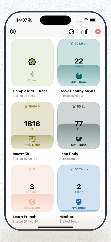 Dashboard view of the Aim app showing various goals like fitness, finance, and language learning with visual progress trackers