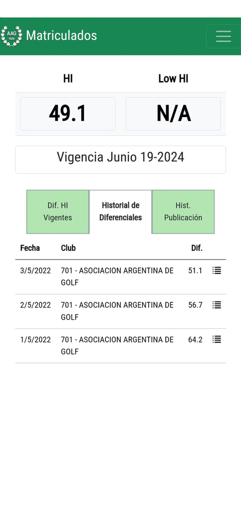 AAG Matriculados - Pantalla de la aplicación AAG Matriculados mostrando el índice de hándicap de golf y la tabla oficial del historial de puntuaciones.