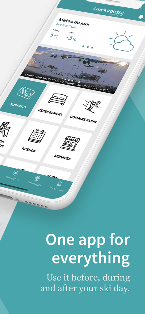 Chamrousse official app home screen showing daily weather, live webcam view, and resort services like ski pass booking and accommodation.