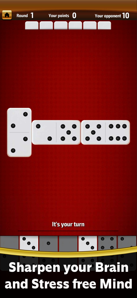 Domino game Dominoes offline - Uma interface de jogo de dominó para celular mostrando jogabilidade ativa em um fundo vermelho com um slogan de treinamento cerebral.