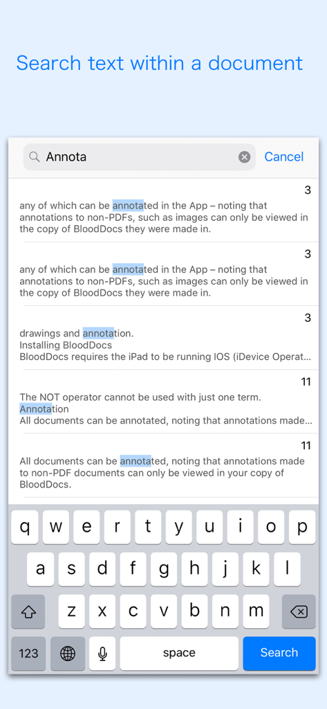 Screenshot of the search text feature in the WPS Reader app displaying highlighted results for a specific word within a legacy document.