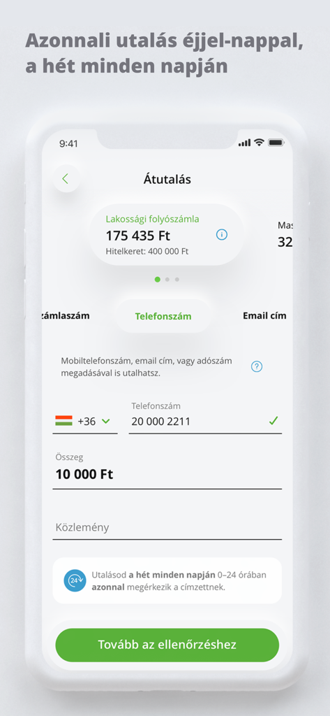 OTP Bank HU - OTP Bank HU 모바일 앱 인터페이스, 헝가리 포린트 거래에 대한 즉시 송금 화면 표시