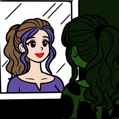 a woman looks at her reflection in the mirror