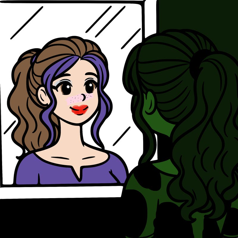 a woman looks at her reflection in the mirror