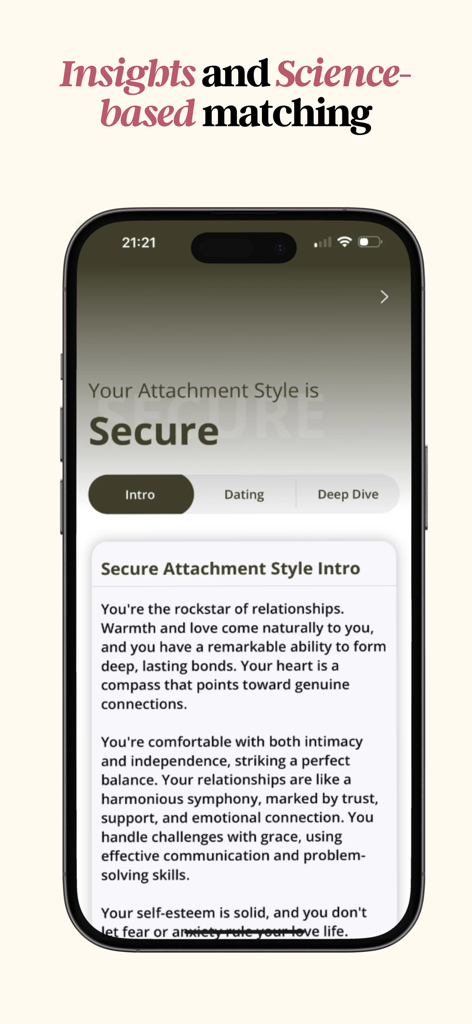 Reddi: The Matchmaking App - Interfaz de la app de citas Reddi mostrando una visión sobre el estilo de apego seguro y descripción de coincidencias científicamente fundamentadas.