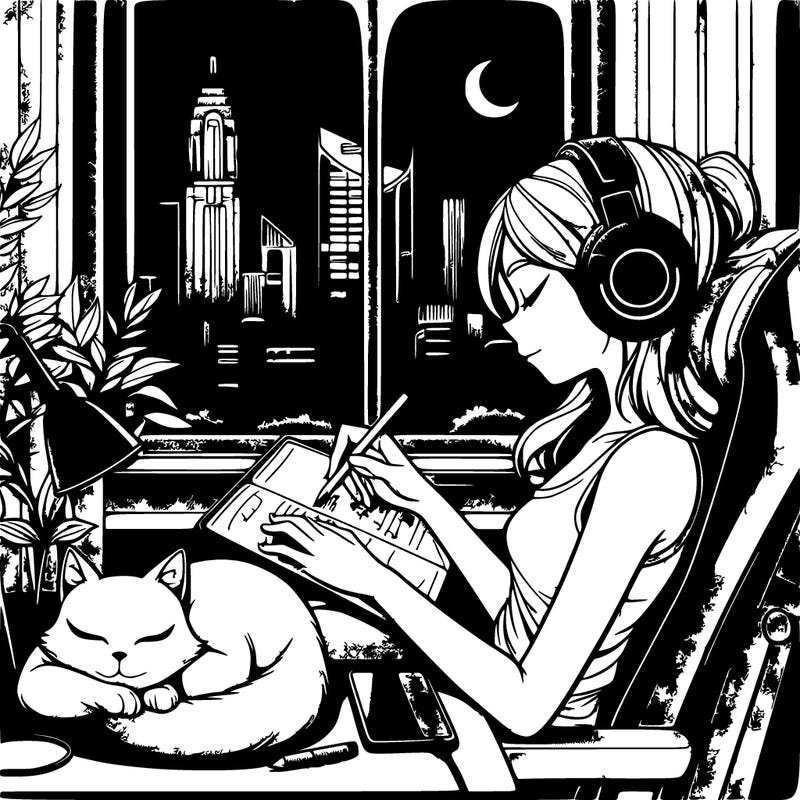 peaceful lofi girl sitting on her gaming chair with a calm atmosphere listening to jazz music with her black headphones. sitting sleepily on her lap is her white cat with blue eyes. she is journaling with an apple pencil on her ipad pro.  there is a window which has a sight of of beautiful city skyscrapers. it is night time