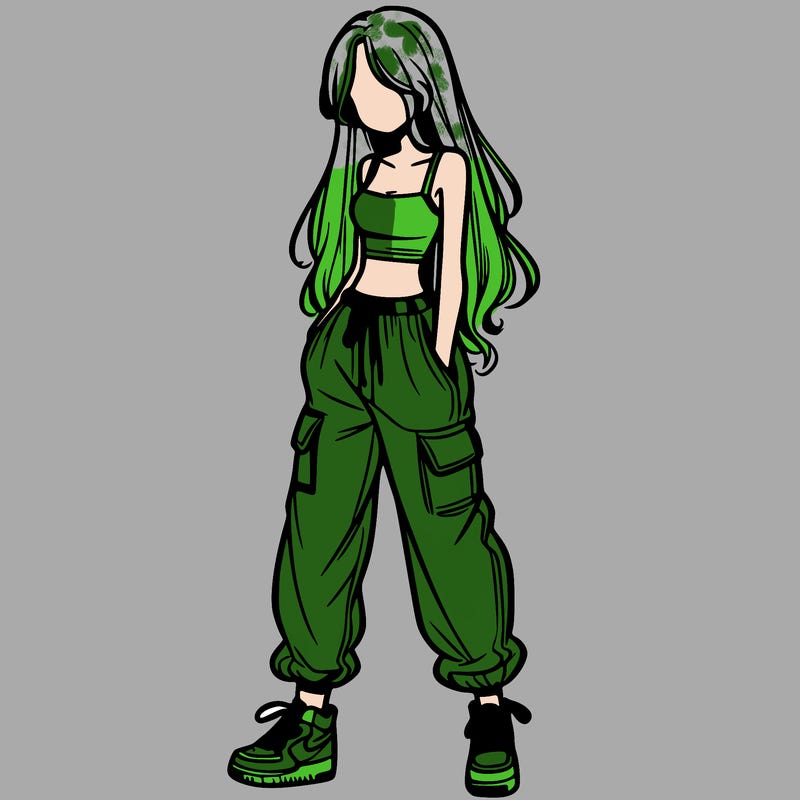 girl in baggy pants crop top and long hair