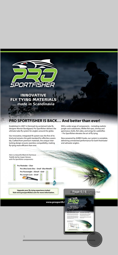 Fly Tyer Magazine - A digital magazine page in the Fly Tyer app showcasing professional fly tying materials and a detailed tube fly pattern.