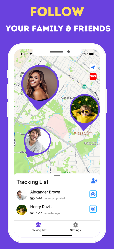 xFind・Location Find from Phone - Smartphone screen showing xFind app with family location pins on a map and tracking list with battery levels