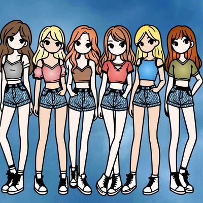 a group of girls wearing crop tops and shorts