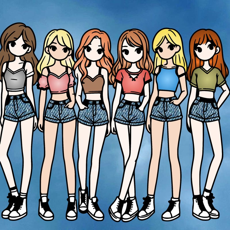 a group of girls wearing crop tops and shorts