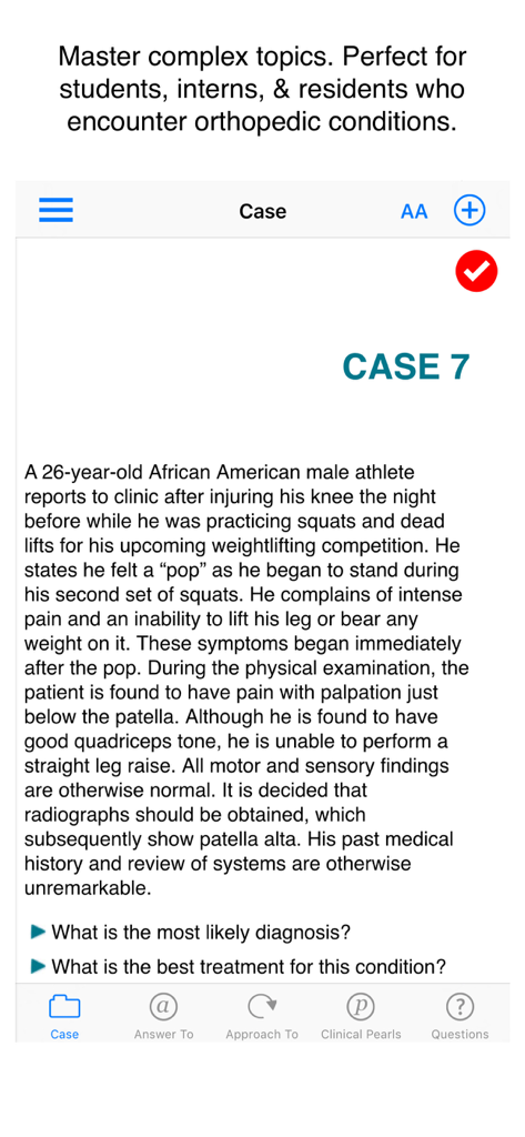 Case Files Orthopedic Surgery - Clinical case presentation for a knee injury in the orthopedic surgery app