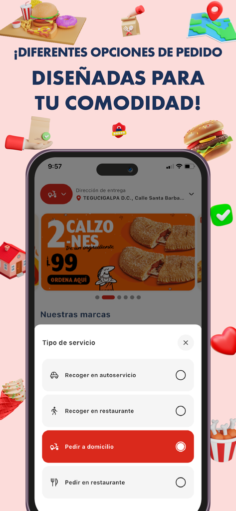 Yuuju - Cada minuto cuenta - Yuuju mobile app screen showing service choices for food delivery and restaurant pickup in Honduras