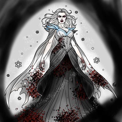 make a women with a dark expression like a villain in a dress add small snow flakes