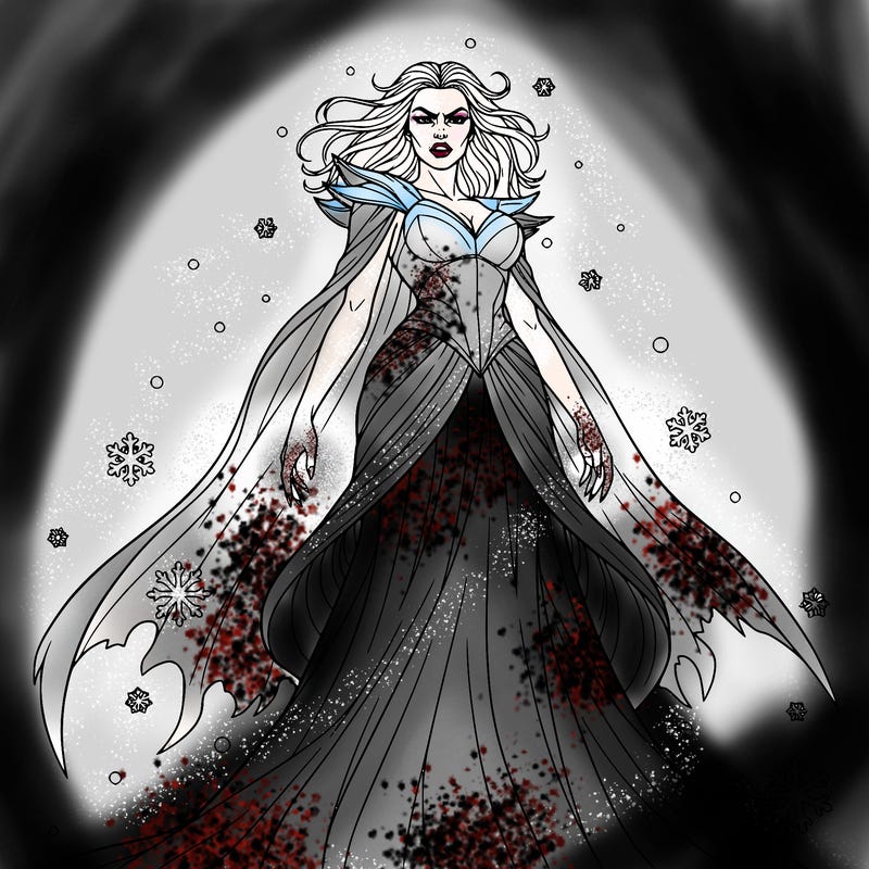 make a women with a dark expression like a villain in a dress add small snow flakes