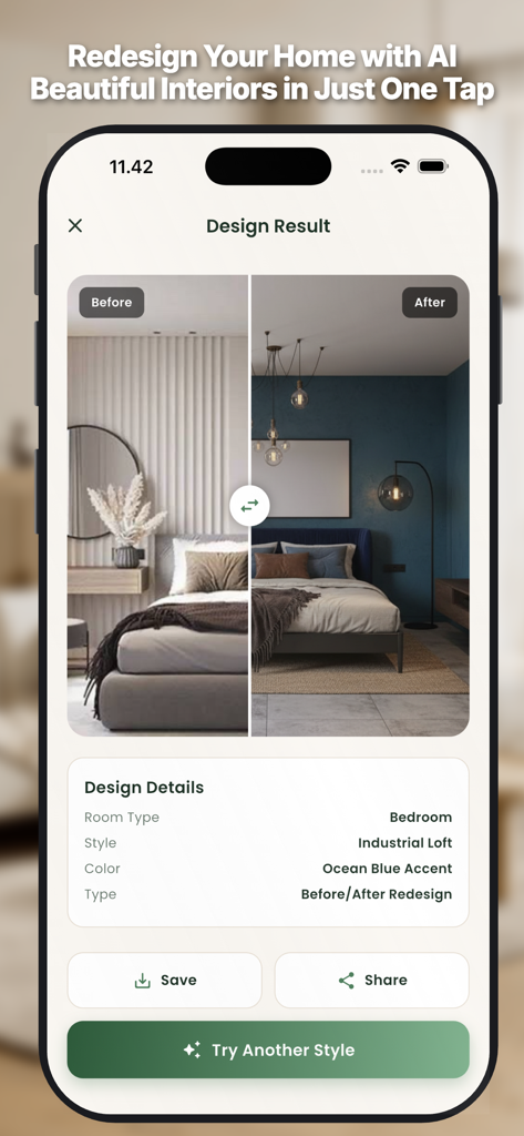 AI Room Design : Home Interior - A mobile app interface displaying a before and after bedroom renovation using AI in an industrial loft style