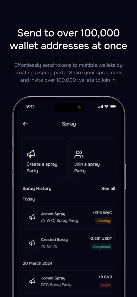Peniwallet - Pantalla de la aplicación Peniwallet mostrando la función spray para la distribución masiva de tokens a múltiples direcciones de billetera