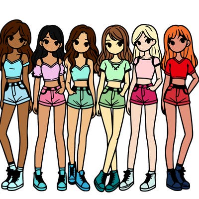a group of girls wearing crop tops and shorts
