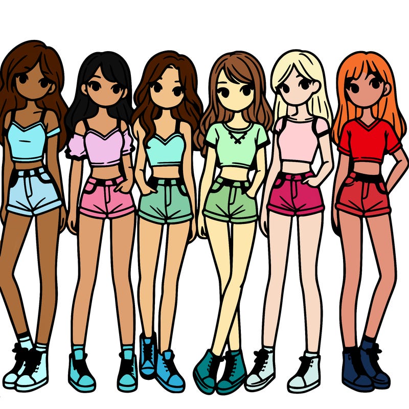 a group of girls wearing crop tops and shorts