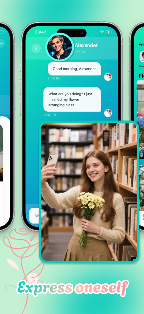 Halotalk——Video chat & share - Halotalk app chat interface showing text messages and a woman taking a selfie with flowers in a library