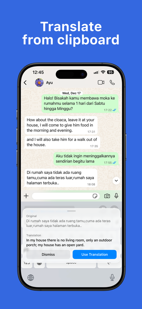 Translator Keyboard: Transly - Transly keyboard interface translating an incoming message from the clipboard in a chat app
