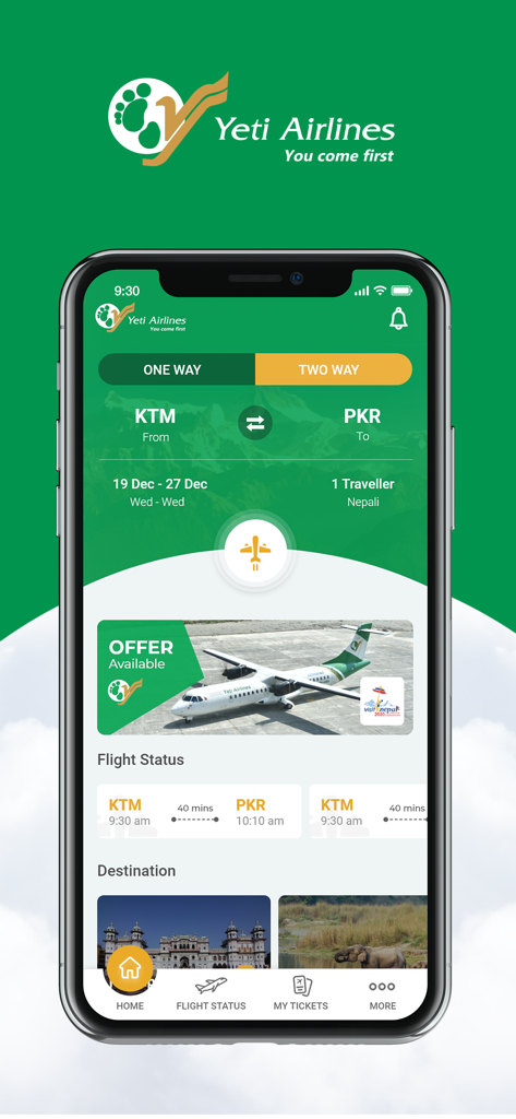Yeti Airlines - The Yeti Airlines mobile app interface showing flight search from Kathmandu to Pokhara with a promotional offer
