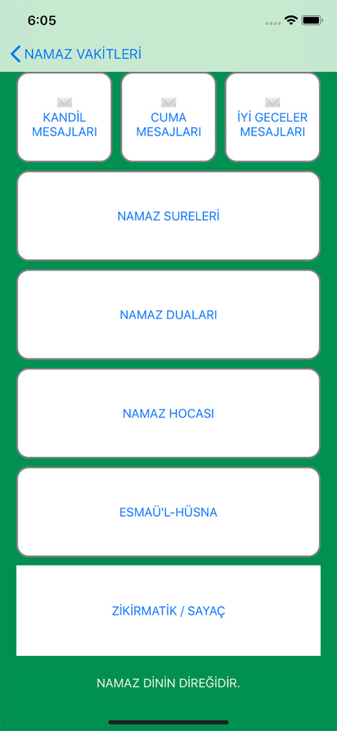 Ezan Vakti 앱의 인터페이스로, 종교 메시지, 수라, 기도 학습 기능 메뉴 옵션을 보여줍니다.