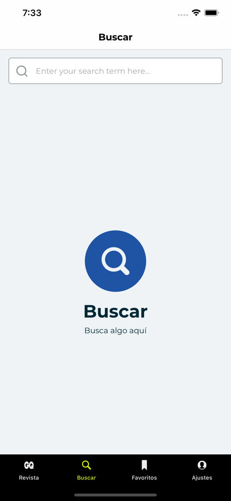 Tela de busca do aplicativo GQ Espana com uma barra de pesquisa e menu de navegação inferior