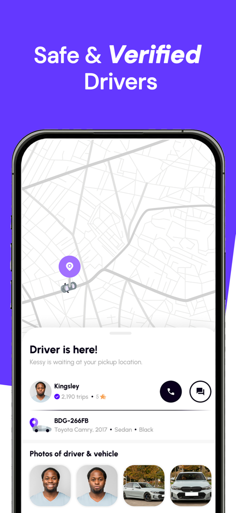 TripPicker:Web3 Mobility - TripPicker app interface showing verified driver profile and real-time location tracking on a map.