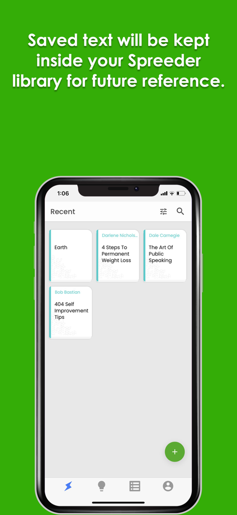 Save To Spreeder - Smartphone screen displaying the library of saved articles in the Save To Spreeder speed reading app.