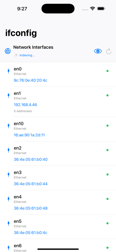 ifconfig - ネットワークインターフェースとIPアドレスのリストを表示するモバイルアプリインターフェース。