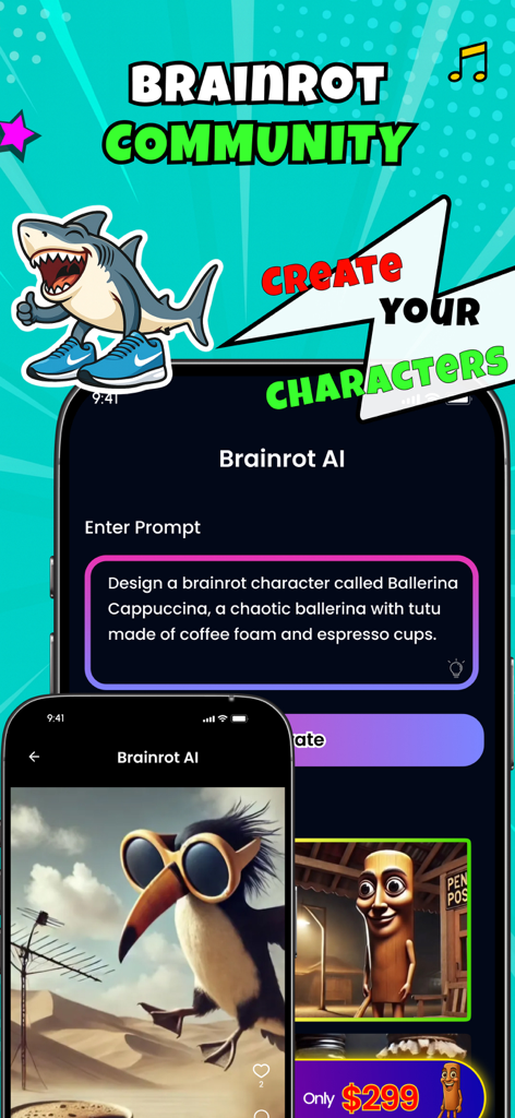 AI Italian Brainrot Creator - AI Italian Brainrot Creator app interface showing a meme generation prompt and surreal AI characters