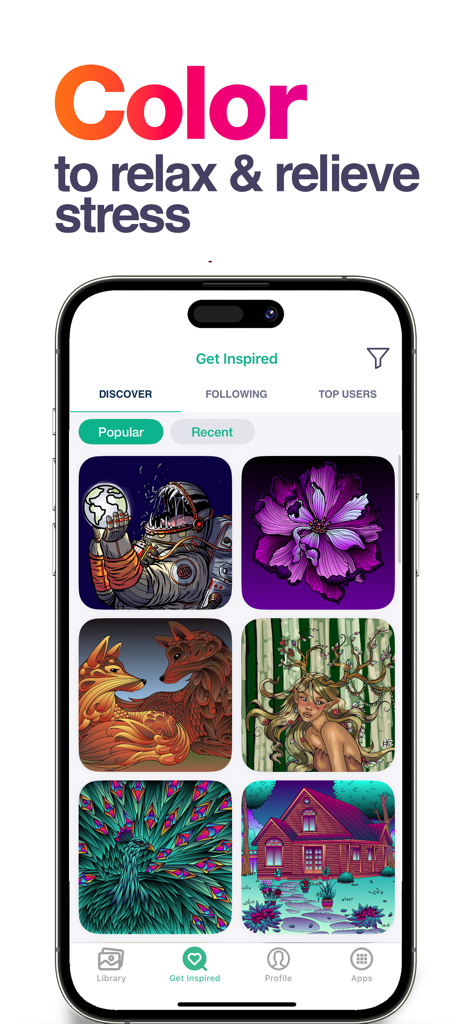 Coloring Book For Adults - Art - Una pantalla móvil mostrando varios diseños de arte coloridos en la sección Inspirarse de la aplicación Libro de Colorear para Adultos.