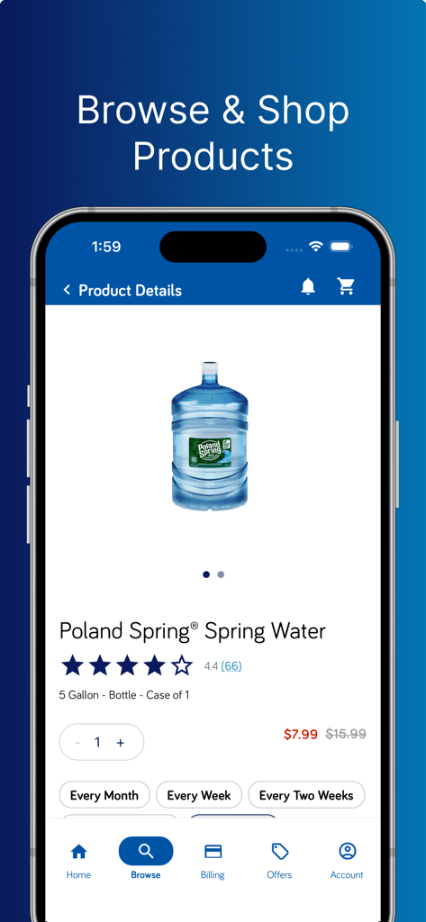 A mobile app screen showing a 5 gallon Poland Spring water bottle with options to schedule delivery every week or month.