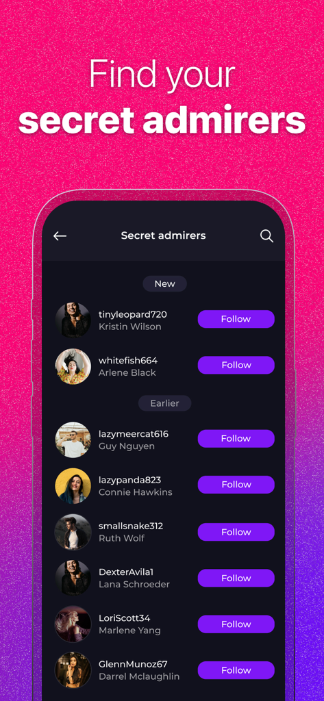 Reports: Followers Tracker - A mobile app interface titled Secret Admirers displaying a list of social media profiles with profile pictures and follow buttons