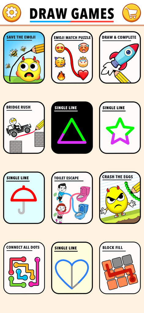 Selection screen of drawing mini games like Save the Emoji and Single Line