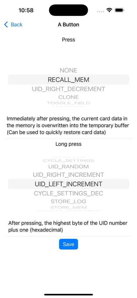 ChameleonTiny Manager - Interface of the ChameleonTiny Manager app showing settings for configuring button press and long press actions.