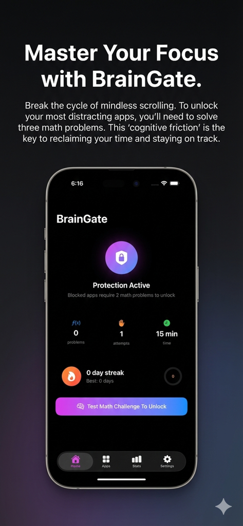 BrainGate: Focus Math Blocker - Pantalla de inicio de la aplicación BrainGate que muestra el estado de protección activa y estadísticas de concentración en un dispositivo móvil