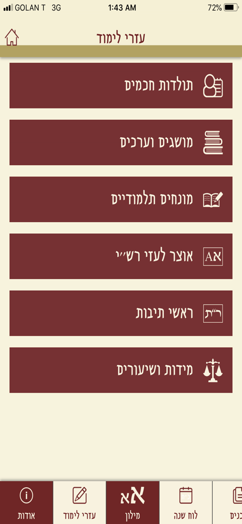 PortalDafHyomi - A list of Hebrew study resources in the PortalDafHyomi app including Talmudic terms and biographies